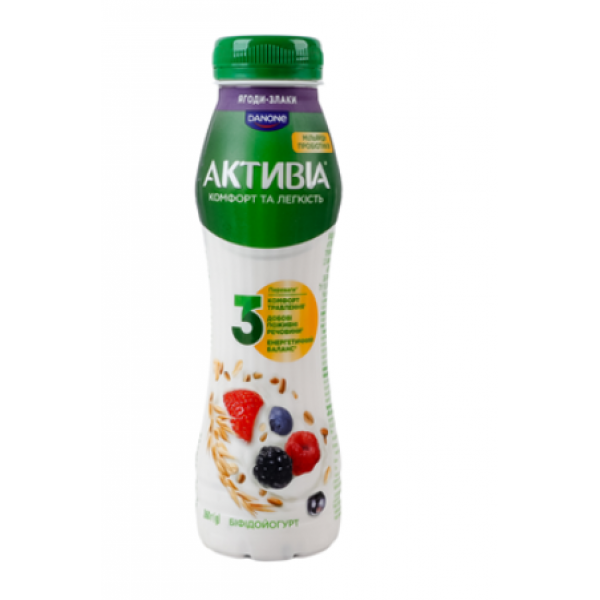 Біфідойогурт Danone Активіа Ягоди-злаки 1,2% пляшка 260г Біфідойогурт Danone Активіа Ягоди-злаки 1,2% пляшка 260г