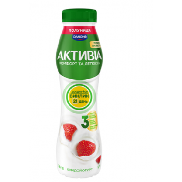 Біфідойогурт Danone Активіа Полуниця 1.2% пляшка пластик 260г Біфідойогурт Danone Активіа Полуниця 1.2% пляшка пластик 260г